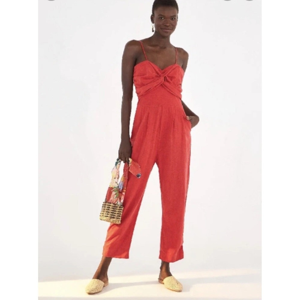 Farm Rio Cherry Red Linen Blend Jumpsuit Twist Front Cropped Leg Summer S
